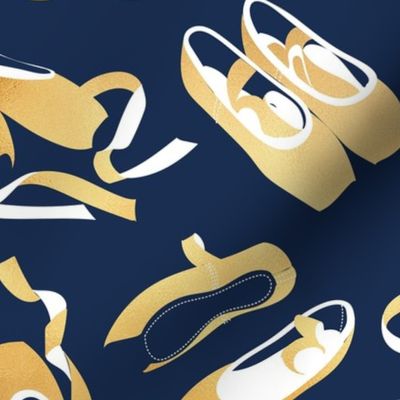 Normal scale // Pretty ballerinas // midnight blue background gold textured and white ballet pointe flat shoes