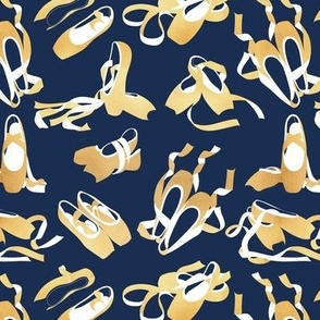 Small scale // Pretty ballerinas // midnight blue background gold textured and white ballet pointe flat shoes