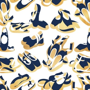 Normal scale // Pretty ballerinas // white background midnight blue and white ballet pointe flat shoes gold textured shadows