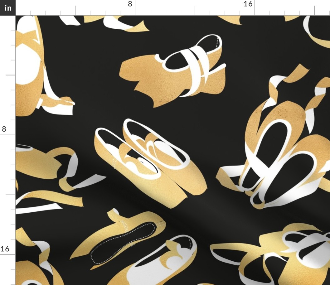 Large jumbo scale // Pretty ballerinas // black background gold textured and white ballet pointe flat shoes