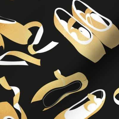 Normal scale // Pretty ballerinas // black background gold textured and white ballet pointe flat shoes
