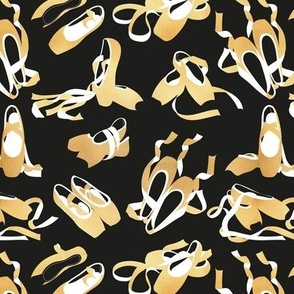 Small scale // Pretty ballerinas // black background gold textured and white ballet pointe flat shoes