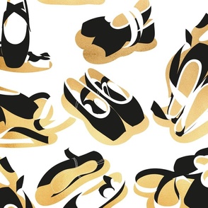 Large jumbo scale // Pretty ballerinas // white background black and white ballet pointe flat shoes gold textured shadows