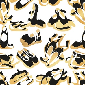 Normal scale // Pretty ballerinas // white background black and white ballet pointe flat shoes gold textured shadows