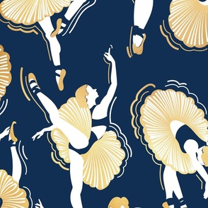Large jumbo scale // Dancing ballerina flowers // midnight blue background gold textured and white ballet dancers