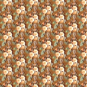 Micro-print Faded Retro Rose Chintz in Apricot and Olive on Brown