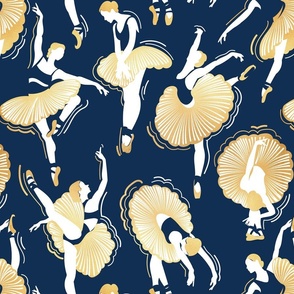 Normal scale // Dancing ballerina flowers // midnight blue background gold textured and white ballet dancers