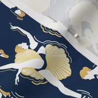 Small scale // Dancing ballerina flowers // midnight blue background gold textured and white ballet dancers