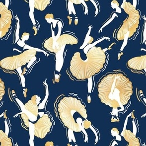 Small scale // Dancing ballerina flowers // midnight blue background gold textured and white ballet dancers