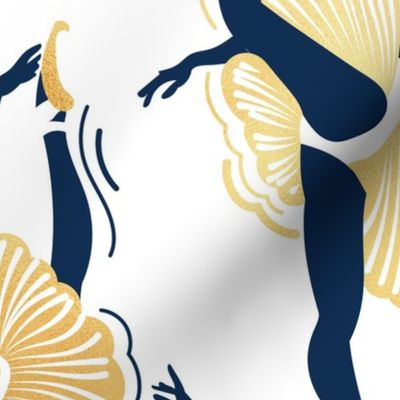 Large jumbo scale // Dancing ballerina flowers // white background midnight blue and gold textured ballet dancers