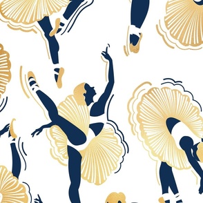 Large jumbo scale // Dancing ballerina flowers // white background midnight blue and gold textured ballet dancers