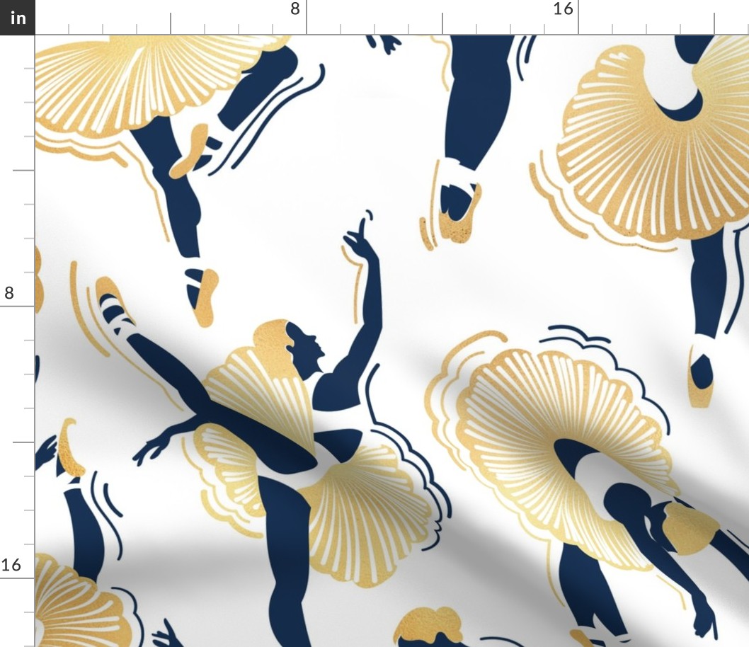 Large jumbo scale // Dancing ballerina flowers // white background midnight blue and gold textured ballet dancers
