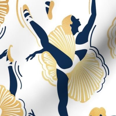 Normal scale // Dancing ballerina flowers // white background midnight blue and gold textured ballet dancers