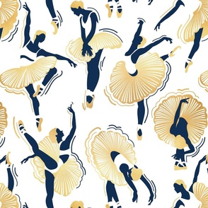 Normal scale // Dancing ballerina flowers // white background midnight blue and gold textured ballet dancers