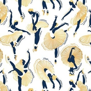 Small scale // Dancing ballerina flowers // white background midnight blue and gold textured ballet dancers