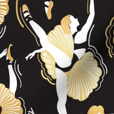Normal scale // Dancing ballerina flowers // black background gold textured and white ballet dancers