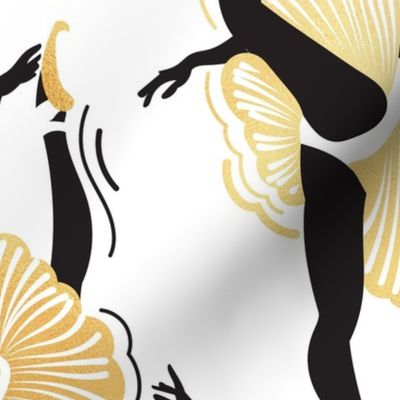 Large scale // Dancing ballerina flowers // white background black and gold textured ballet dancers