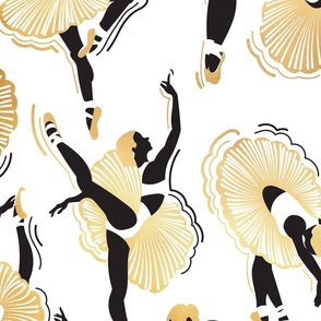 Large scale // Dancing ballerina flowers // white background black and gold textured ballet dancers