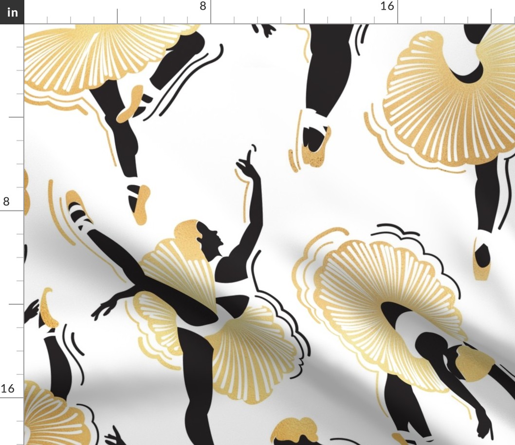 Large scale // Dancing ballerina flowers // white background black and gold textured ballet dancers