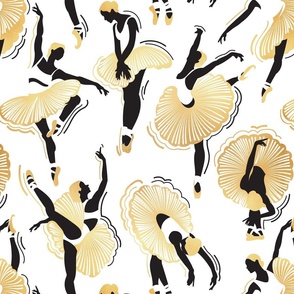 Normal scale // Dancing ballerina flowers // white background black and gold textured ballet dancers