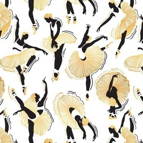 Small scale // Dancing ballerina flowers // white background black and gold textured ballet dancers