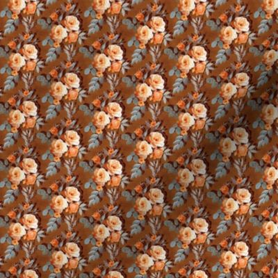 Micro-print Retro Rose Chintz in Warm Orange on Rust Brown
