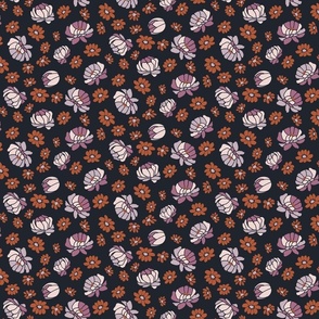 Modern Graphic Floral with Peonies and Daisies in lavender and rosewood on navy background