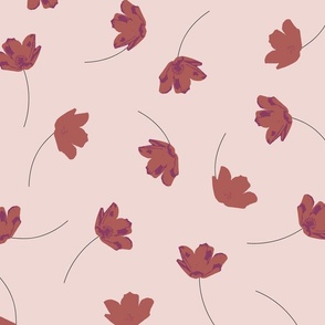 Painterly tossed spring floral on mauve background.