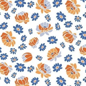 Modern Graphic Floral with Peonies and Daisies in orange and blue on white background