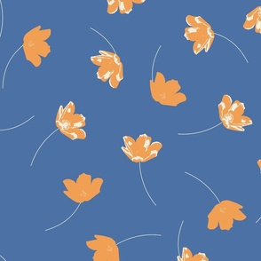 Painterly tossed spring floral on blue background.