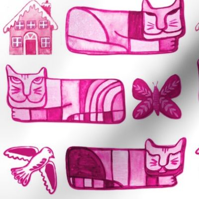 Pink cats on white with houses, doves and flowers  Folk art