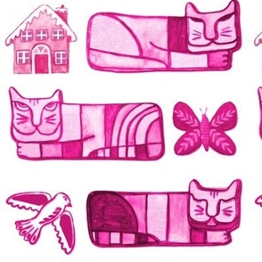 Pink cats on white with houses, doves and flowers  Folk art