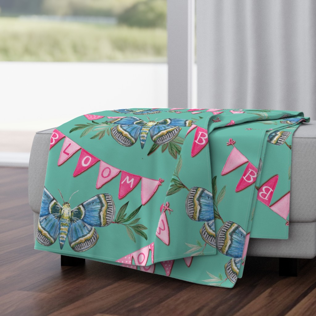 Bloom and grow bunting celebration with blue butterflies having  a garden party  by Magenta Rose on pale teal