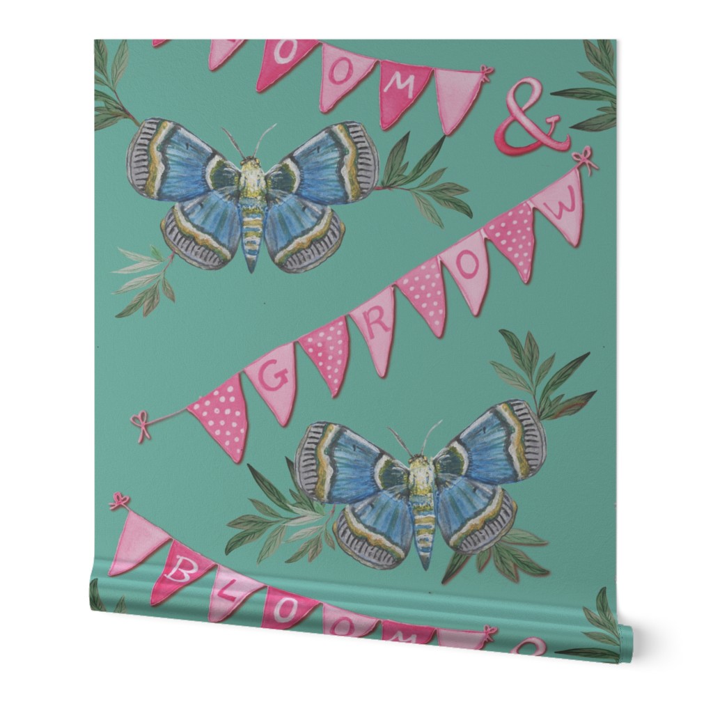 Bloom and grow bunting celebration with blue butterflies having  a garden party  by Magenta Rose on pale teal