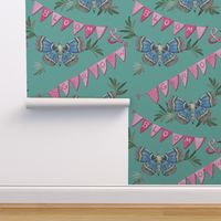 Bloom and grow bunting celebration with blue butterflies having  a garden party  by Magenta Rose on pale teal