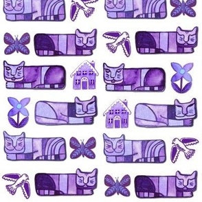 Cats with houses, doves, flowers ,Lilac or purple folk art