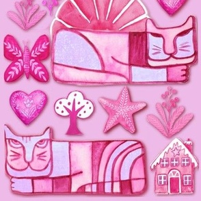 Folk art cats and home sweet home in pink and violet (medium size)