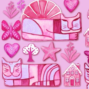 Maximalist Folk art cats, doves and home sweet home in sweet pink and lilac shades