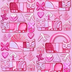 Pink Folk art cats, birds, houses, flowers, fruit , hearts and butterflies with rainbows, sunrise and sunset all in shades of pink and lilac or violet