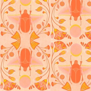 Scarab Beetle Horn Flowers Orange Peach, Large Wallpaper Fabric Pattern 