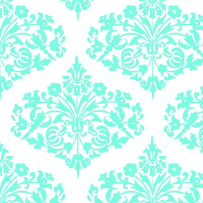 Damask Aqua Diamond on White Linen