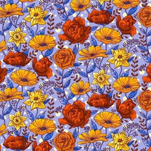 Rich Summer Flowers on Blue / Small Scale