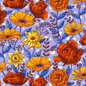 Rich Summer Flowers on Blue / Medium Scale