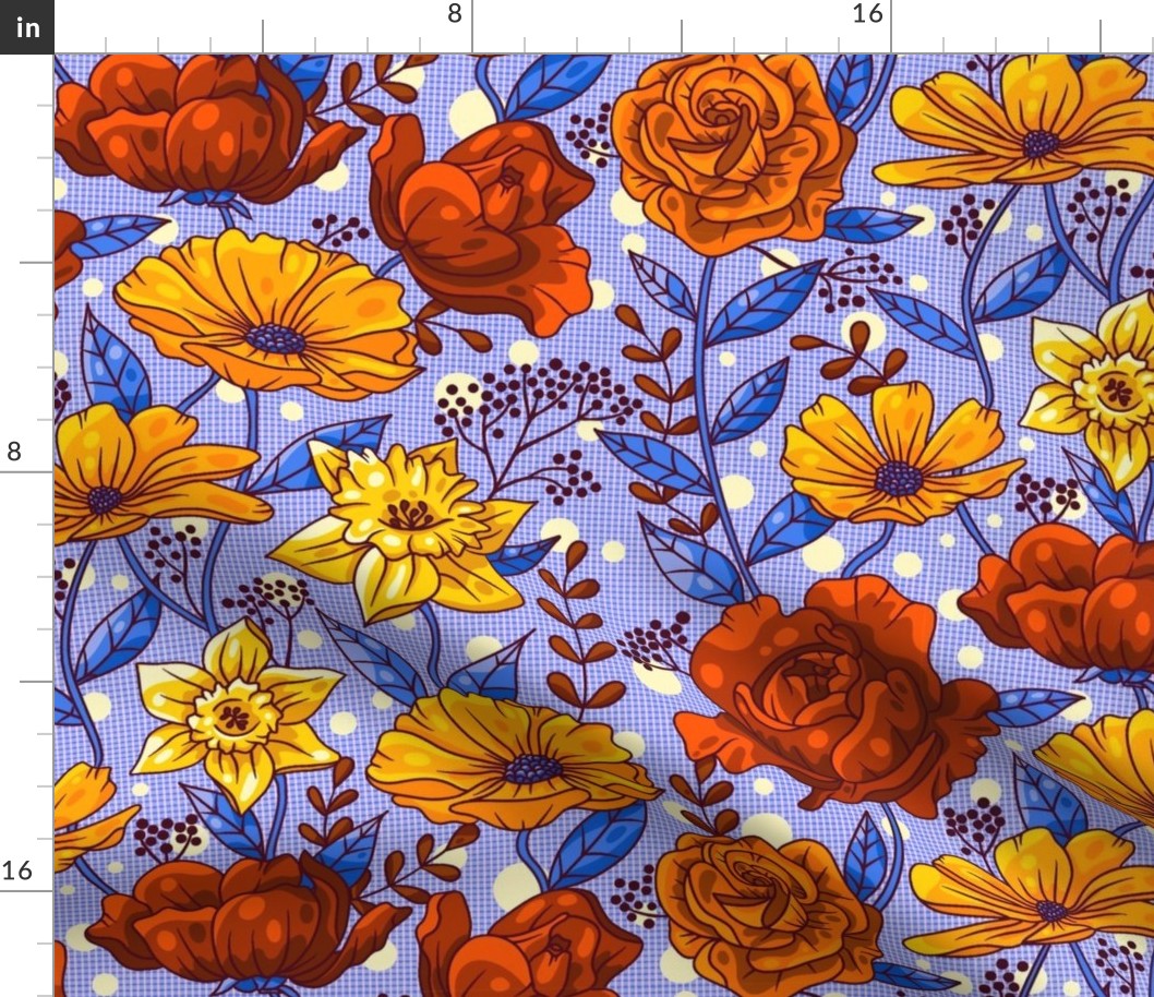 Rich Summer Flowers on Blue / Medium Scale