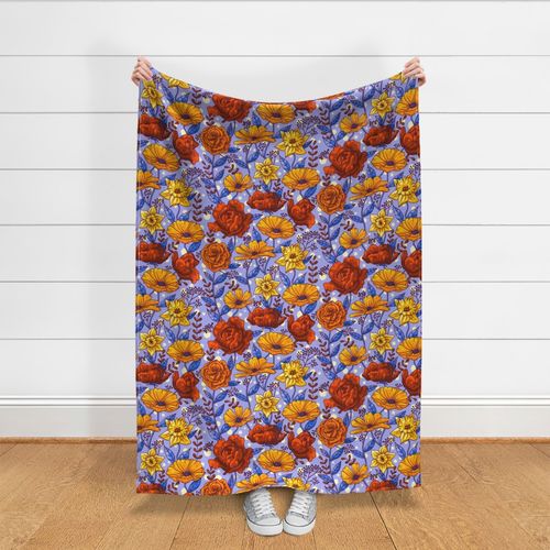 Rich Summer Flowers on Blue / Large Scale