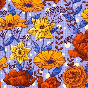 Rich Summer Flowers on Blue / Large Scale
