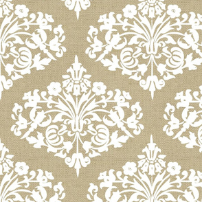 Damask White Diamond on  Natural Linen