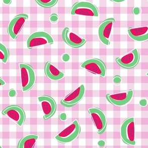 Tossed Abstract Watermelon and Circles on Pink Check Gingham Non Directional