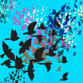 Silhouette of Flocking birds large 12” repeat on aqua faux linen background teamwork