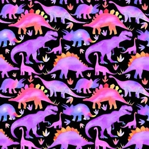 Dinosaurs - purple and multi on black - smaller scale